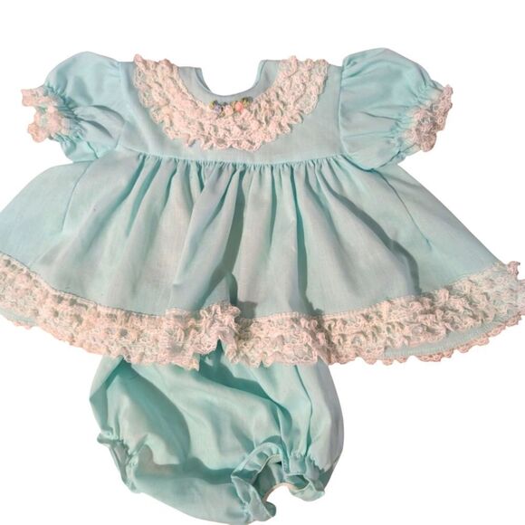 Vintage 90s‎ Infant Girls Blue Lace Ruffle Dress - Picture 1 of 4